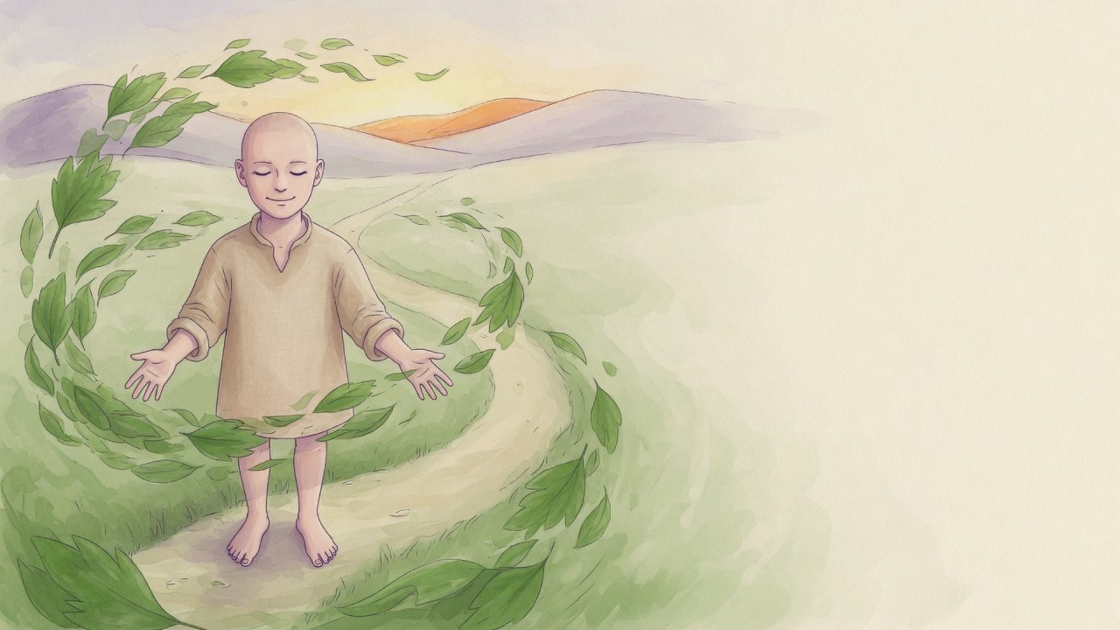 Une personne pieds nus dans l'herbe, bras ouverts, entourée d'une spirale de feuilles, un chemin vers les collines