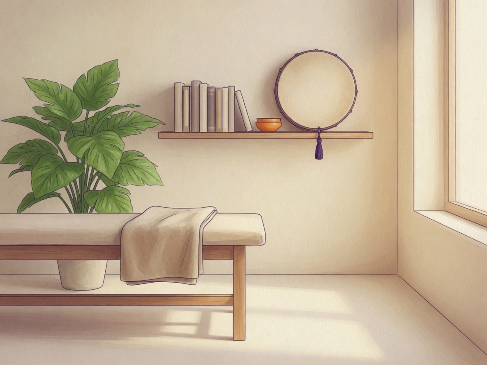 Le cabinet : table de soin, couverture pliée, plante verte, livres et tambour