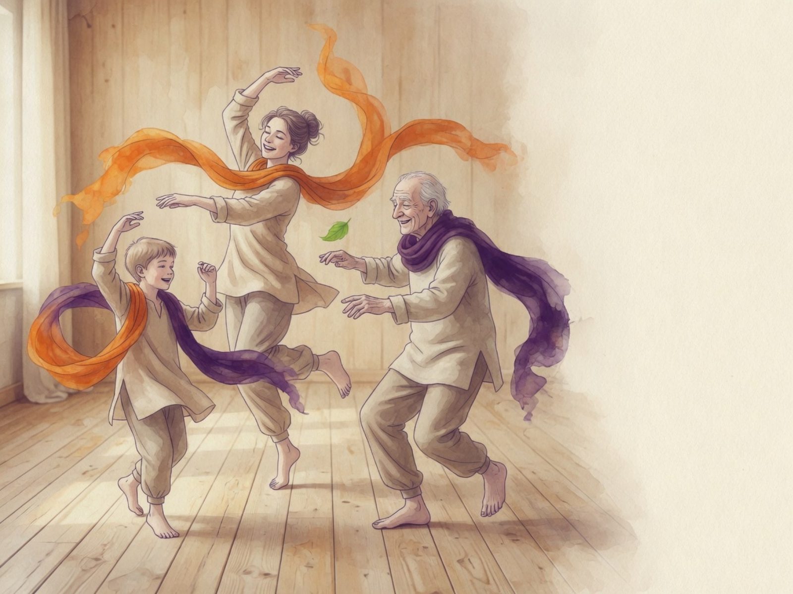 Trois personnes de tous âges dansent pieds nus avec des foulards orange et violets