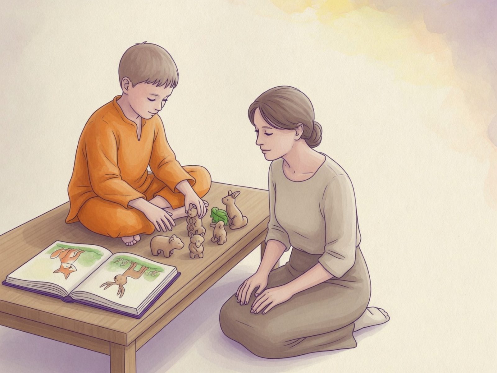 Un enfant joue avec des figurines d'animaux en bois sur la table de soin, la praticienne à sa hauteur