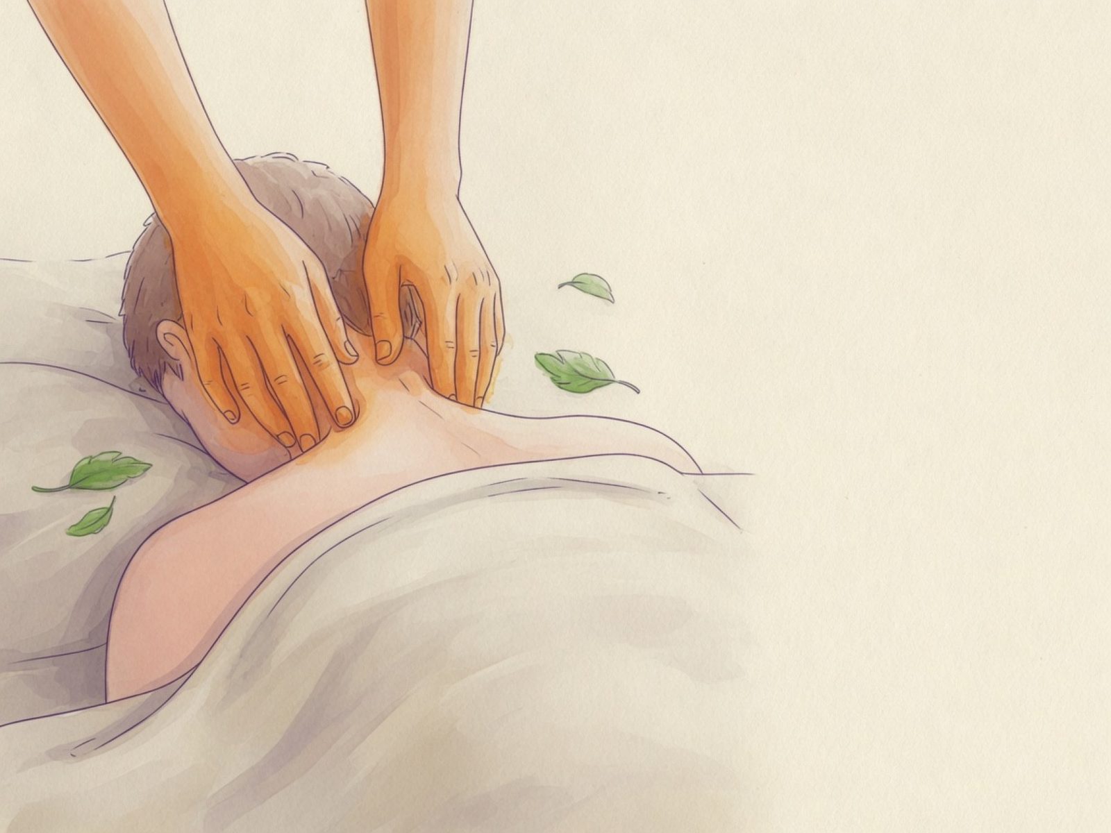 Deux mains détendent la nuque et le haut du dos d'une personne allongée sous un drap